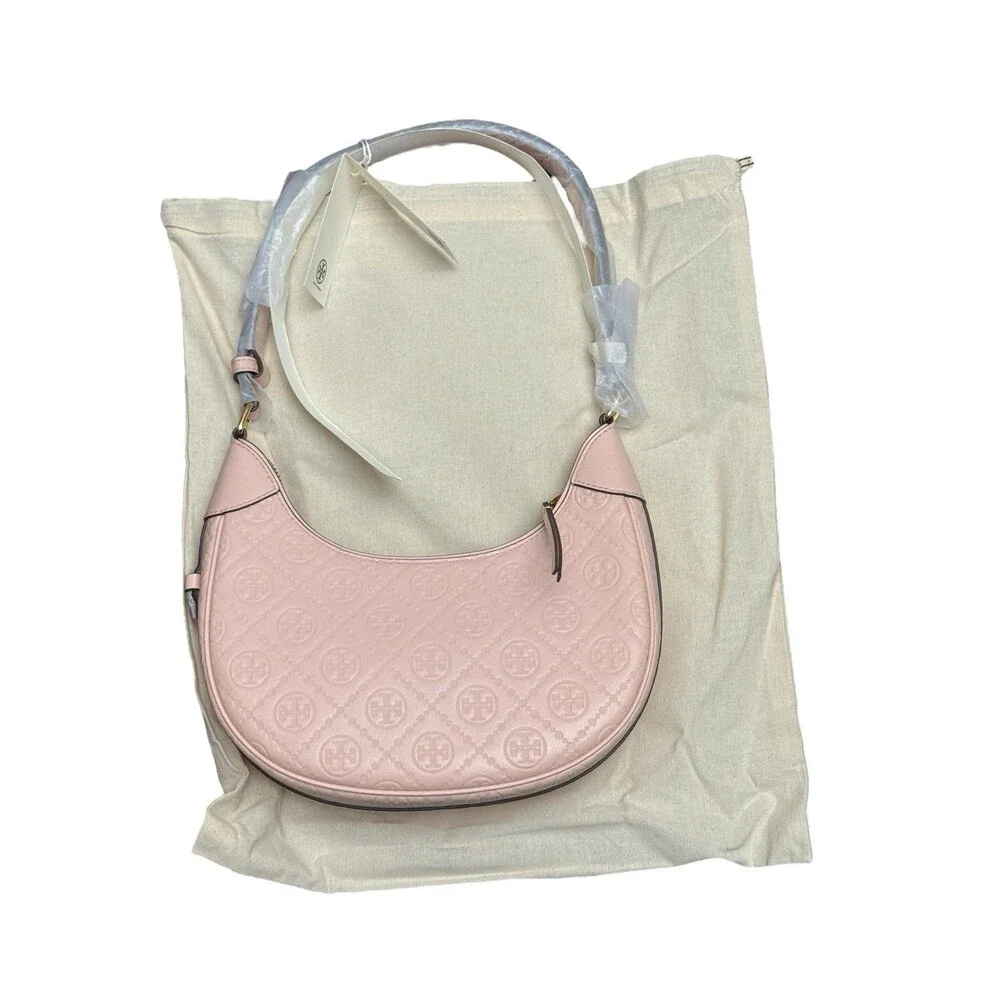 Tory Burch T Monogram Debossed Leather Crescent Shoulder Bag-Blush Pink New $469